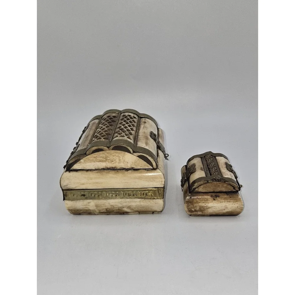 Vintage Camel Bone Brass‎ Jewelry Casket Set Velvet Lined Pair
